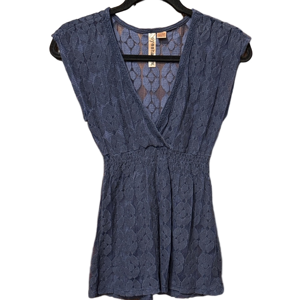 Eyeshadow Blue Lace Sleeveless Crossover Sheer Blouse